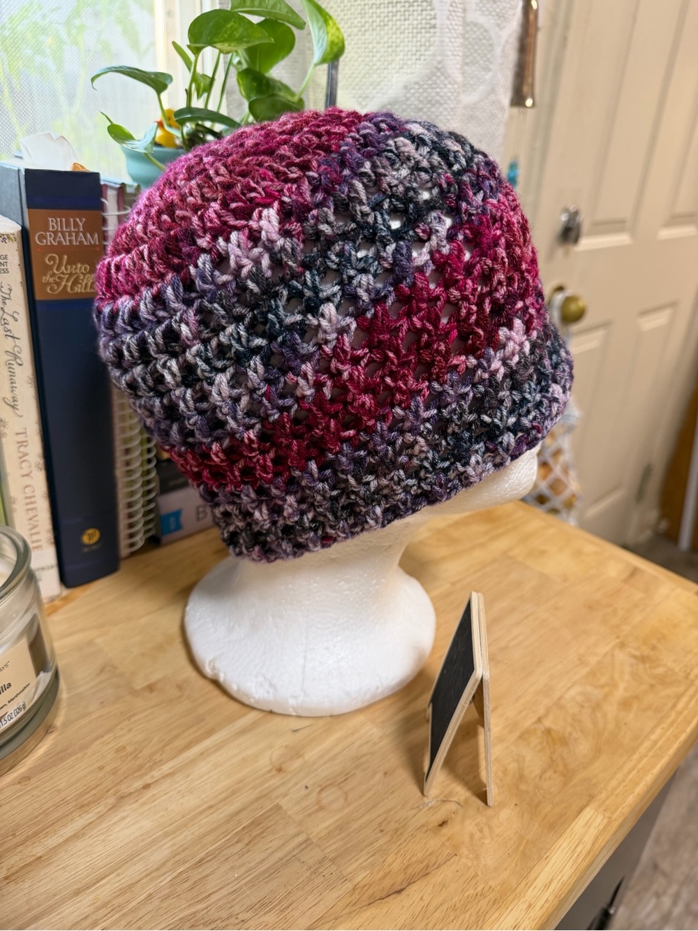 Hand Crafted Multicolor Crochet Beanie - Pink, Purple & Gray